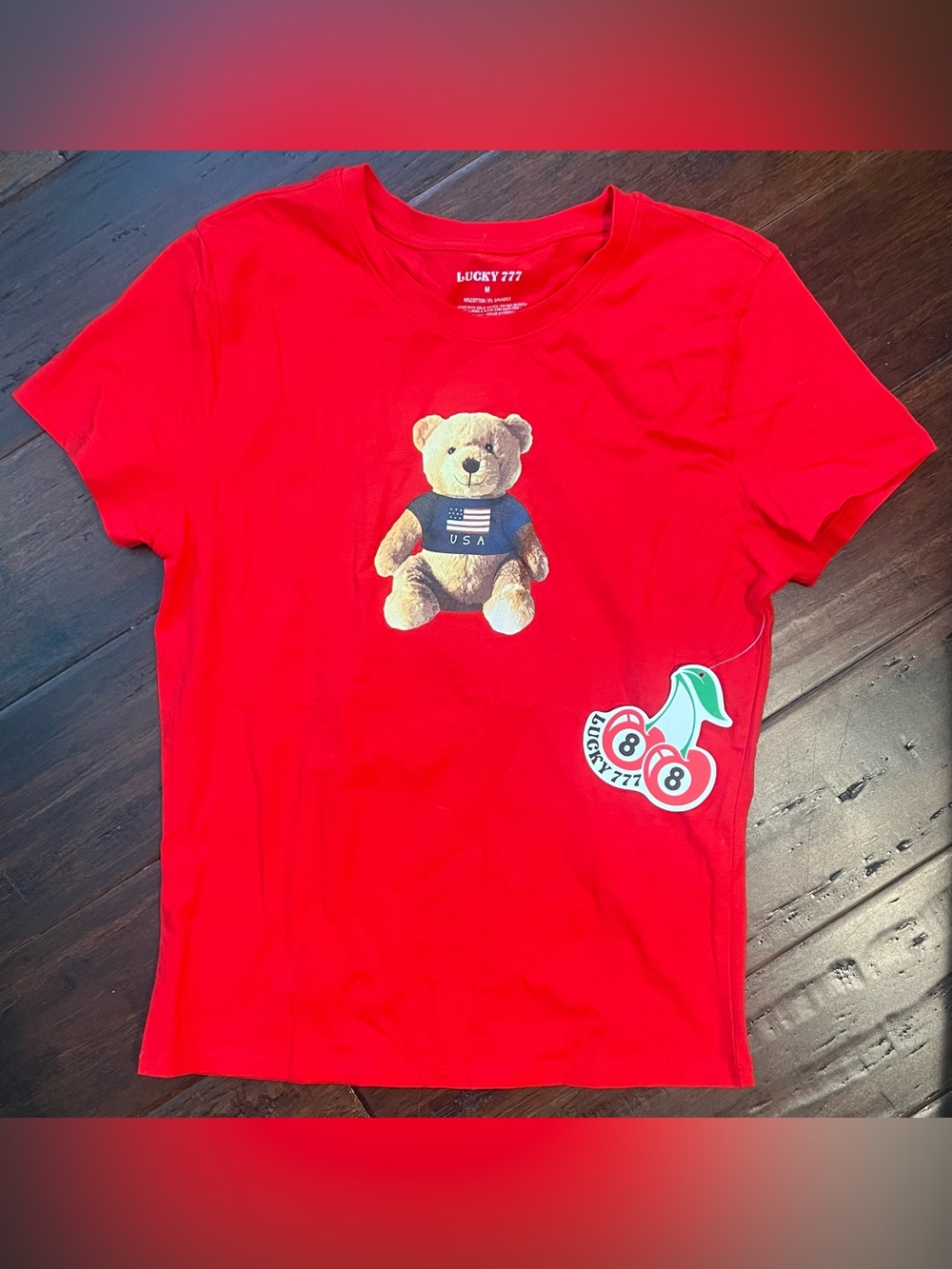 Lucky Brand Red Tee with Teddy Bear w/ American flag USA - medium
